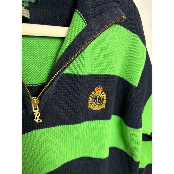 Lauren Ralph Lauren Sweater Women's Small Green Navy Stripe Quarter Zip Crest - Picture 4 of 4